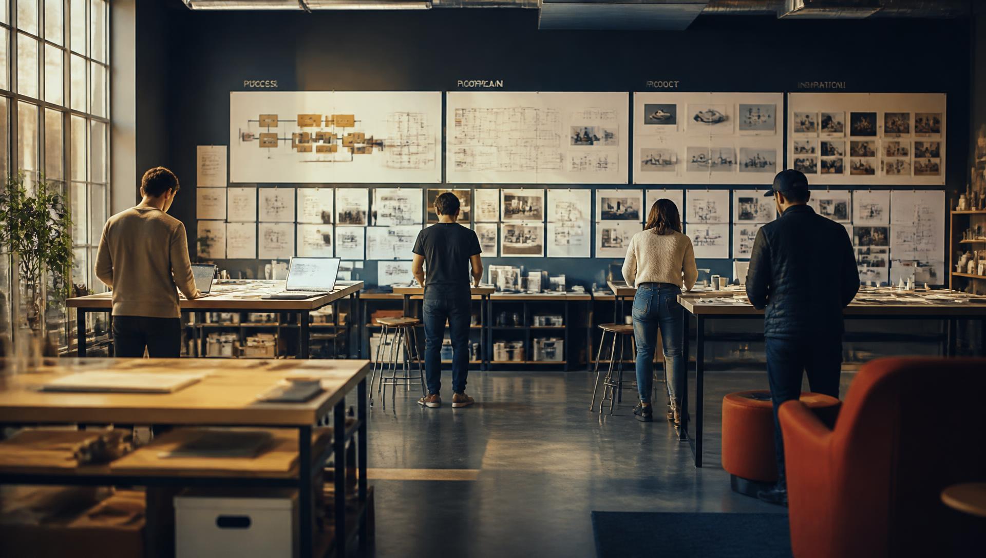 A modern product development workspace where a small team builds and reviews plans together